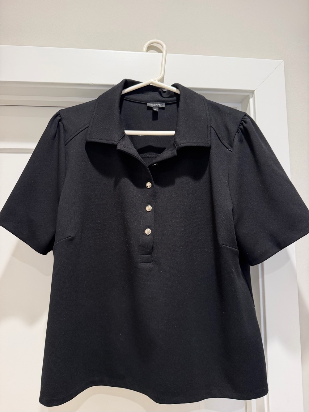 Talbots Black Short-Sleeve Polo Knit Top, Silver Buttons & Puffed Sleeve.